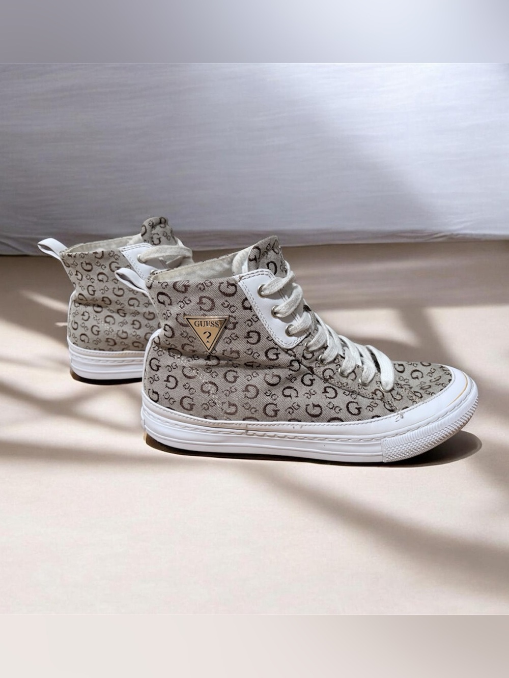 Guess Monogram High-Top Sneakers in Beige and White